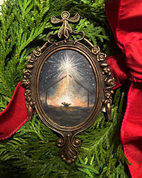 First ornament of The Nativity Collection is finally finished! This piece “Emmanuel” is central to the vision of the triptych collection. Delicately painted in acrylic on cotton rag canvas and fastened in a vintage ornate brass oval frame. Measures approx. 3” x6” Frame made in Italy #thenativity #christmas #emmanuel #localart #riartist #handpaintedornament #vintageframe The Nativity, Hand Painted Ornaments, Local Art, The Vision, Oval Frame, Vintage Frames, Nativity, In Italy, Brass