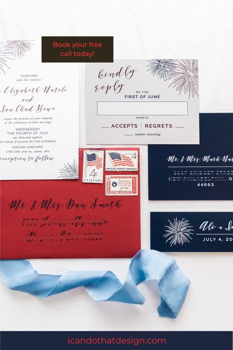 Fourth Of July Wedding Ideas, Red White And Blue Wedding Theme, White And Blue Invitation, Eclectic Wedding Invitations, Emerald Wedding Invitations, Red White And Blue Wedding, Red White Blue Wedding, Copper Wedding Invitations, Fourth Of July Wedding