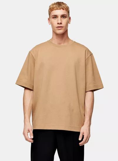 TOPMAN PREMIUM Camel Boxy T-Shirt as part of an outfit Mens Box T Shirt, Brown Tee Outfit Men, T Shirt Oversized Outfits Men, Boxy Shirt Outfit, Basic Oversized Tshirt Men, Oversized Beige T-shirt For Streetwear, Mens Oversized Shirt, Oversized Outfit Men, Boxy Tshirt