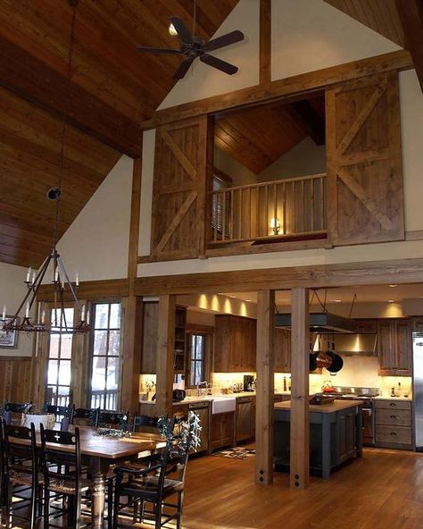 Rocky Mountain Log Homes, 20 Sliding Barn Door Ideas via A Blissful Nest Mezzanine Bedroom Ideas, Barn Door Ideas, Barndominium Interior, Mezzanine Bedroom, Barn Loft, Cozy Loft, Barndominium Floor Plans, Loft House, Barn Style House