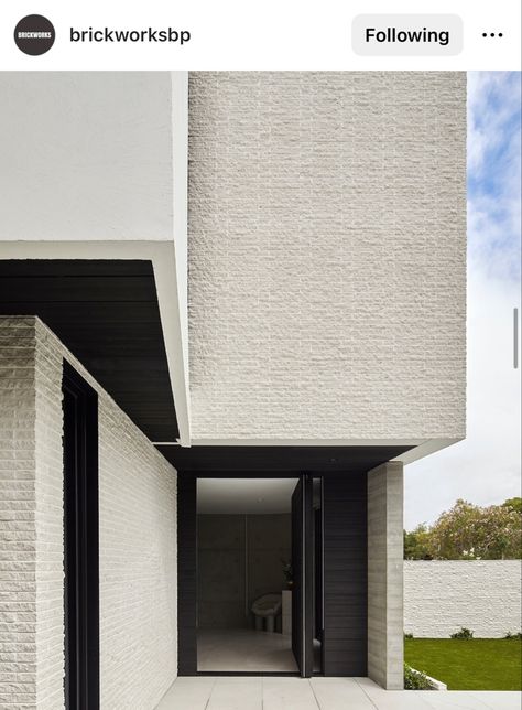 Grey brick and concrete, black accent Grey Brick Exterior, Brick Apartment, Brick And Concrete, Grey Brick, Grey Houses, Exterior Brick, Facade House, Colour Palettes, Black Accents