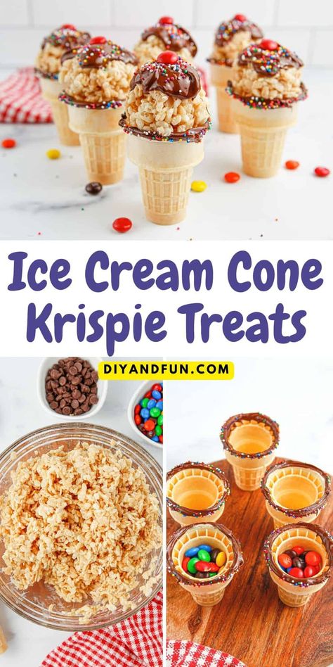 Ice Cream Cone Krispie Treats, an adorable and tasty dessert or snack treat featuring and ice cream cone filled with a tasty treat. Ice Cream Cone Snacks, Bake Sale Treats, Cone Dessert, Ice Cream Cone Cake, Cupcake Cones, Krispie Treats Recipe, Tasty Dessert, Kid Desserts, Rice Krispy