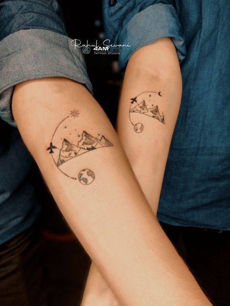 Couple tattoo ideas |  couple tattoo ideas harry potter Airplane Couple Tattoo, Travel Couple Tattoo Ideas, Explore The World Tattoo, Mountain Tattoo Couple, Couples Travel Tattoos, Travel Matching Tattoos, Travel Buddy Tattoos, Couple Travel Tattoos, Couple Mountain Tattoos