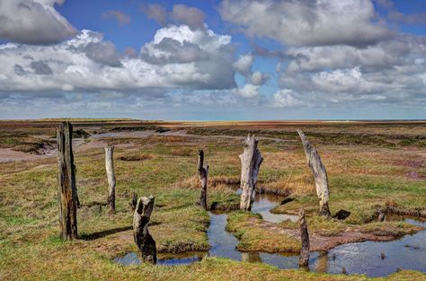 https://flic.kr/p/TPebCP | Salt marshes at Thornham, North Norfolk | Thornham is on the north Norfolk coast, about four miles from Hunstanton. Among the salt marshes there is the remains of an ancient port (pictured), which was used - among other things - to unload coal brought down the coast from Newcastle. The North Sea is beyond the sand dunes in the distance. You can just make out one of the many offshore wind farms. Britain Landscape, Interesting Scenery, Coastal Photos, Derek Jarman, Offshore Wind Farms, Uk Landscapes, The Woman In Black, Norfolk Uk, North Norfolk