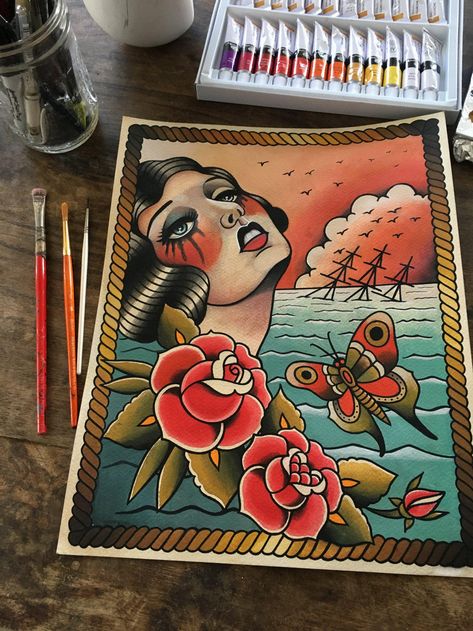 Seaman Tattoo, Traditional Tattoo Painting, Traditional Tattoo Prints, Flash Art Tattoos, Tattoo Prints, Jack Y Sally, Flash Sheets, Sunset Tattoos, Art Flash