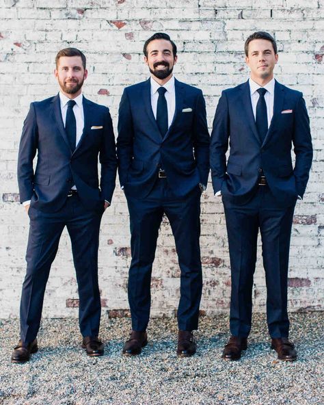 A Charmingly Bespoke Fall Wedding in New Jersey | Martha Stewart Weddings - Greg's groomsmen were his good friend Tim (left, who introduced the couple and noted that he'd been friends with Greg 83% of their lives in his best man speech) and Sarah's brother Taylor. All three wore Seize Sur Vingt suits, ties from Drake's, and Allen Edmonds for Club Monaco shoes. Navy Blue Men Suit, Blue Tuxedo Wedding, Indigo Wedding, Suits Business, Navy Groom, Navy Blue Tuxedos, Blue Suit Men, Blue Necktie, Mens Fashion Wedding