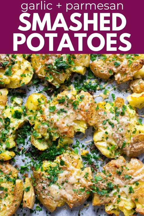 Indulge in the ultimate comfort food with these flavorful smashed potatoes! Easy to make and oh-so-satisfying, these crispy-on-the-outside, fluffy-on-the-inside potatoes are perfect for any meal. Whether you top them with savory gravy, gooey cheese, or fresh herbs, smashed potatoes are sure to be a hit at your table. Try different seasonings like garlic and rosemary to customize the flavor profile. The best part? Whole 30 Smashed Potatoes, Yellow Smashed Potatoes, Cheesy Parmesan Potatoes, Smashed Red Skin Potatoes, Smashed Parmesan Crusted Potatoes, Red Smashed Potatoes Recipes, Smashed Garlic Potatoes In Oven, Yellow Potato Recipes Side Dishes, Golden Smashed Potatoes