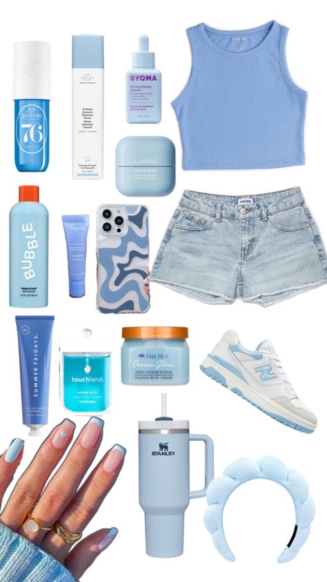 #preppy #aesthetic #blue Preppy Outfits Blue, Izzie Core, Blue Girly Aesthetic, Blue Aesthetic Clothes, Stitch Preppy, Blue Preppy Room, Blue Preppy Outfit, Blue Collage, Preppy Things