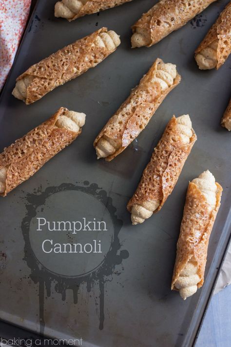 Such a fun Fall treat! Pumpkin Cannoli with a creamy, spiced filling & a nutty almond brittle shell. @bakingamoment Pumpkin Cannoli, Fun Fall Treats, Almond Brittle, Pumpkin Cream Cheese, Fall Dessert Recipes, Thanksgiving Desserts, Pumpkin Cream, Fall Treats, Pumpkin Dessert