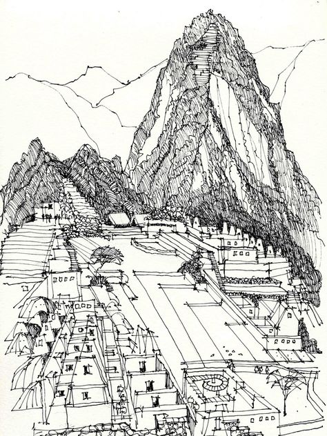 Arguably the most stunning cultural site in the western hemisphere--all the superlatives you've heard are true.  I spent the better part of the day being introduced to the site by our tour guide, then climbed back up to this vantage point in the afternoon for the sketch.  I'll add color shortly. Architecture Embroidery, Doodle Art Posters, James Richards, Machu Picchu Peru, Urban Sketches, Urban Sketch, Art Drawings Sketches Pencil, Watercolor Projects, Art Painting Gallery