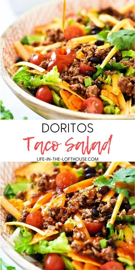 Doritos Salad, Doritos Taco Salad, Dorito Taco Salad Recipe, Easy Taco Salad Recipe, Taco Salad Doritos, Life In The Lofthouse, Doritos Taco, Seasoned Ground Beef, Taco Salads