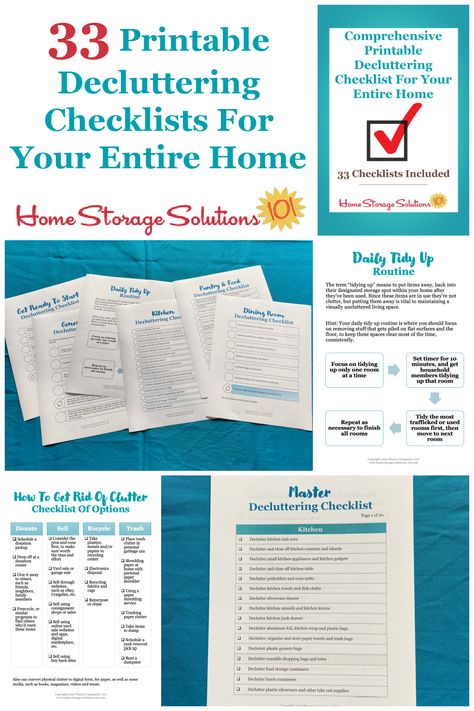 33 printable decluttering checklists for your entire home, for every area and type of item within your home to help you get rid of clutter with a straightforward, comprehensive and effective list of tasks {from Home Storage Solutions 101, and Declutter 365} Declutter 365, Decluttering List, Light Switch Covers Diy, Decluttering Checklist, Household Notebook, Decluttering Inspiration, Declutter Kitchen, Declutter Challenge, Organizing Challenges