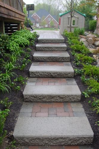 Paver Stairs, Backyard Steps, Beautiful Porches, Paver Steps, Brick Steps, Stone Paving, Backyard Walkway, Sloped Yard, Brick Walkway