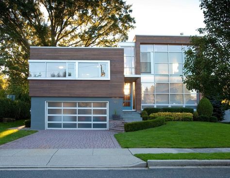 Split Level Conversion - Modern - Exterior - New York - by Naiztat + Ham Architects, P.C | Houzz High Ranch, Split Level Exterior, Glass Garage, Split Entry, Mobile Home Makeovers, Exterior Home Design, Media Room Design, Glass Garage Door, Mobile Home Living