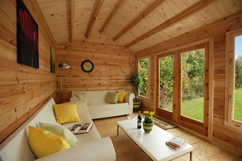 Summerhouse Interiors Ideas, Log Cabin Interior Ideas, Garden Log Cabin, Cabin Interior Ideas, Log Cabin Interior Design, Residential Log Cabins, Garden Room Interiors, Log Home Interior, Summer House Interiors