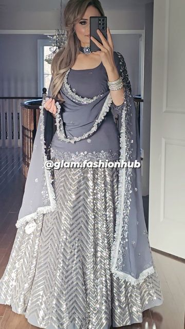 Punjabi Sharara Suits Party Wear, Punjabi Skirt Suit Designs, Sarara Dress Design, Garara Suits Designs, Grey Lengha, Garara Designs, Sarara Dress, Shadi Dress, Eid Clothes