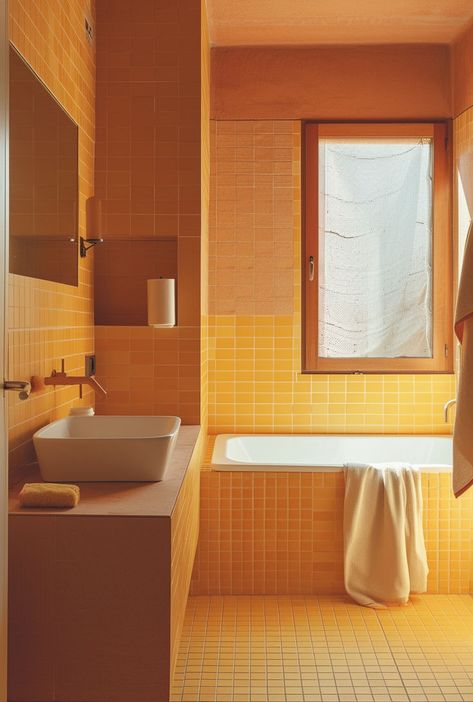 Bringing back 70s bathroom design with timeless elegance and retro vibes 70s Inspired Bathroom Ideas, Yellow Modern Bathroom, Bathroom Ideas No Tiles, 70s Tile Bathroom, Vintage Bathroom Tiles, 70’s Bathroom, Bathroom Vanity Vintage, Bathroom Ideas Vintage, Vintage Bathroom Design