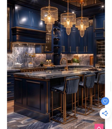 Modern Kitchen Gold Accents, Art Deco Kitchen Design Modern, Art Deco Kitchen Island, Elegant Kitchens Luxury, Navy Blue Kitchen Ideas, French Blue Kitchen, Modern Glam Interior Design, Art Deco Kitchen Design, Colorful Kitchens