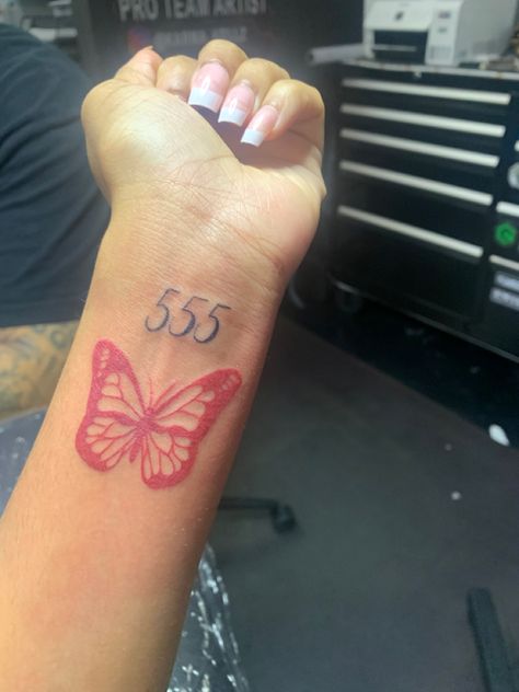 Unique 555 Tattoo, 444 With Butterfly Tattoo, Red Eye Tattoo, 555 Angel Numbers Tattoo, 444 Butterfly Tattoo, Red Ink Butterfly, 555 Tattoo Ideas, Tattoo Ideas Realistic, Drawings Tattoo Ideas