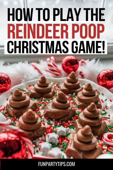 Ready to add some laughs to your Christmas party? The Reindeer Poop Game is a hilarious activity everyone will enjoy. Check out the easy rules, the need for melted candy bars that looks like poop, and get ready for festive fun! What Did Rudolph Eat Game, Reindeer Panty Hose Game, Christmas Hungry Hippo Game, Hungry Reindeer Game, Games To Play At Family Christmas Party, Reindeer Games Christmas Party Kids, Reindeer Poop Game, Christmas Candy Game, Poop Party Ideas For Kids