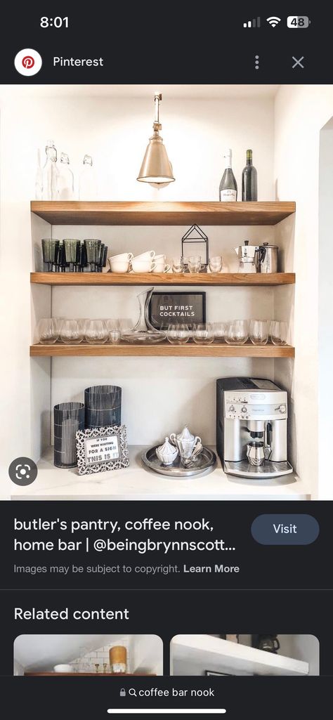 Open Shelving In Butlers Pantry, Butler Pantry Floating Shelves, Coffee Butlers Pantry, Butler Pantry Coffee Bar, Coffee Bar Open Shelving, Wine And Coffee Bar, Bar Nook, Butler’s Pantry, Butlers Pantry