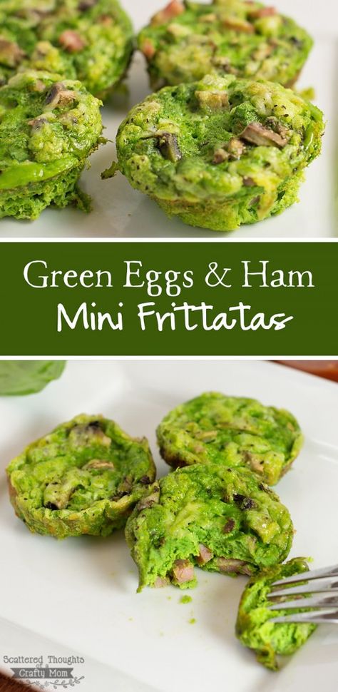 Green Eggs And Ham Recipe, St Patricks Food, Sant Patrick, Mini Frittatas, Salty Sweet Snacks, Mini Frittata, Ham Breakfast, Green Egg Recipes, Dr Seuss Day