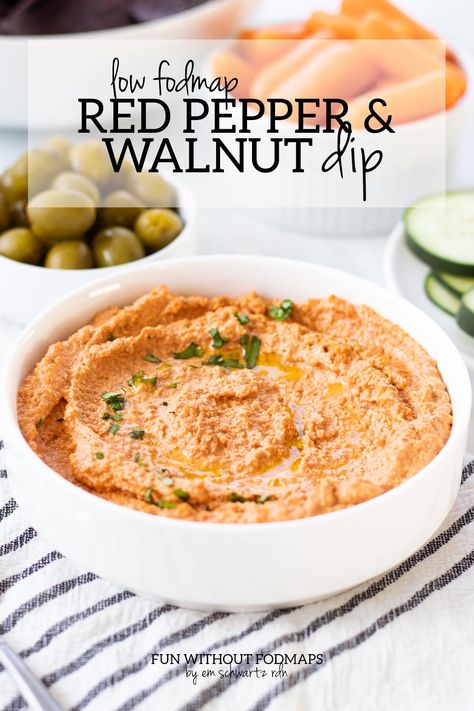 This Low FODMAP Red Pepper and Walnut Dip is inspired by a yummy Middle Eastern recipe called muhammara. Serve it with your favorite low FODMAP veggies. #lowfodmap #appetizer #dip #spread #dairyfree Fodmap Veggies, Fodmap Sauces, Low Fodmap Appetizers, Eastern Recipe, Walnut Dip, Fodmap Lunch, Fodmap Recipes Dinner, Low Fodmap Recipes Dinner, Fodmap Friendly Recipes