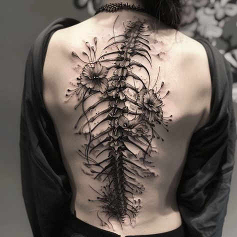 Spine Tattoos For Women Tattoo Design Set Spine With Flowers Tattoo, Gothic Tattoo Patchwork, Spine Tree Tattoo, Gothic Spine Tattoos For Women, Back Tattoos Women Spine, Spine Tattoo Of A Spine, Back Pieces For Women Tattoo, Goth Spine Tattoo, Skeleton Back Tattoo