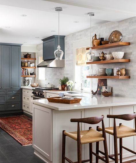 Our Kitchen Mood & Our Cabinet Color | The Inspired Room Peninsula Kitchen Design, Kitchen Dining Room Combo, Kitchen Peninsula, Kitchen Floor Plans, Kitchen Design Open, Dining Room Combo, Kitchen Corner, Small Space Kitchen, Simple Kitchen