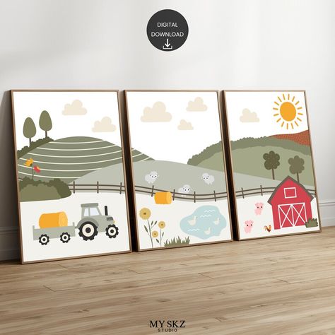 Farm Bedroom Ideas For Boys, Farm Boy Nursery, Farm Animal Mural, Farm Boy Room, Toddler Boy Room Themes, Farm Themed Nursery, Tractor Nursery, Tractor Print, Farm Animal Decor