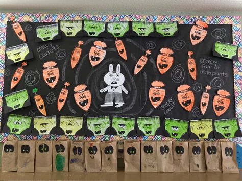 Creepy carrots , creepy pair of underwear bulletin board #halloween for my #preschool classroom #childrensbooks my kids loved coloring the carrots and underwear ! A very fun activity and the kids love seeing their art on display! Creepy Carrots Bulletin Board, Bulletin Board Halloween, Creepy Carrots, Halloween Library, Play Based Classroom, Fall Classroom Ideas, Teaching Classroom Decor, October Classroom, Class Crafts