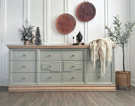 Abisha | Redesigning Furniture on Instagram: "Little paint, some wood accents and updated simplified hardware- the perfect example to show that you don’t need a dramatic makeover every single time to make a vintage piece look good. I love how soft and soothing this looks. And this is my favourite sage green ever. Bellwood🙌 Colour- Bellwood @fusionmineralpaint Knobs- Amazon @amazonca Wood finished in custom paint wash including bellwood, cobblestone and algonquin. Sold #beforeaftermakeov Sage Green Refurbished Furniture, Dresser Makeover Sage Green, Sage Green Bedroom Furniture Decorating Ideas, Sage Furniture Bedroom, Sage Green Entertainment Center, Sage Green Dresser Bedroom, Sage Green And Wood Dresser, Sage Green Furniture Bedroom, Sage Painted Furniture