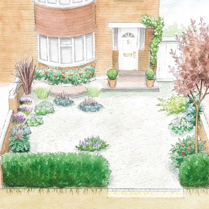 Sis - I reckon something like this but with more planting starting wider near the house and then less near the front hedge so one car arks straight on nearer Tony's hedge and another noses in behind hedge a bit. 1930s Garden, Front Driveway Ideas, Small Front Garden Ideas, Front Garden Ideas Driveway, Garden Ideas Driveway, Garden Ideas Uk, Small Front Gardens, Front Yards Curb Appeal, Garden Hedges