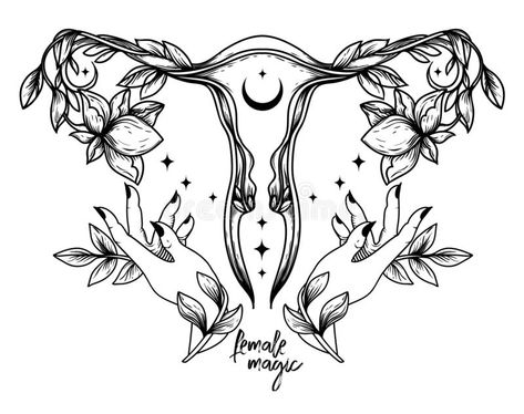 `Female Magic` Poster With Symbol Of Uterus, Flowers And Female Hands Stock Vector - Illustration of moon, natural: 163365328 Uterus Flowers, Uterus Tattoo, In Utero Tattoo, Utero Tattoo, Uterus Art, Medical Drawings, In Utero, Female Hands, Tattoo Stencil