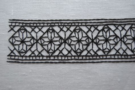 Three blackwork cuffs were embroidered, with two left purposely unfinished, using black silk floss and a high count of white evenweave linen to replicate Tudor blackwork embroidery for an upcoming TV adaptation of Philippa Gregory's novel on Catherine of Aragon. Cuff Embroidery, Italian Embroidery, Historical Embroidery, Black On Black Embroidery, Elizabethan Embroidery Patterns, Tudor Embroidery, Elizabethan Blackwork, Traditional Black Embroidered Fabric With Border, 1700s Embroidery