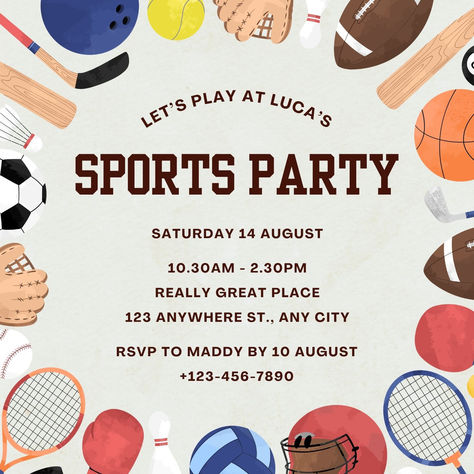 Colorful Modern Illustrated Sports Party Kids Birthday Invitation Sports Meet Invitation Card, Sports Day Invitation, Kids Birthday Invitation Template, Kids Sports Party, Sport Birthday, Sports Birthday Invitations, Kids Birthday Invitation, Sports Meet, Sports Birthday