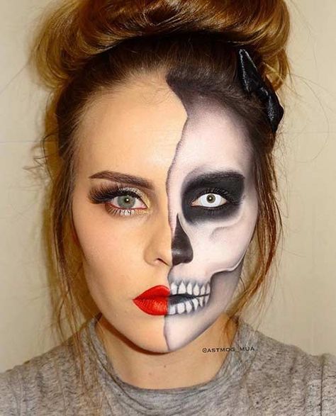 Half-Faced Skeleton Makeup                                                                                                                                                                                 More Cool Skeleton Makeup, Skeleton Makeup Ideas, Halloween Skeleton Makeup, Halloween Smink, Pelottava Halloween, Make Up Diy, Makeup Clown, Halloweenský Makeup, Halloween Make-up Looks