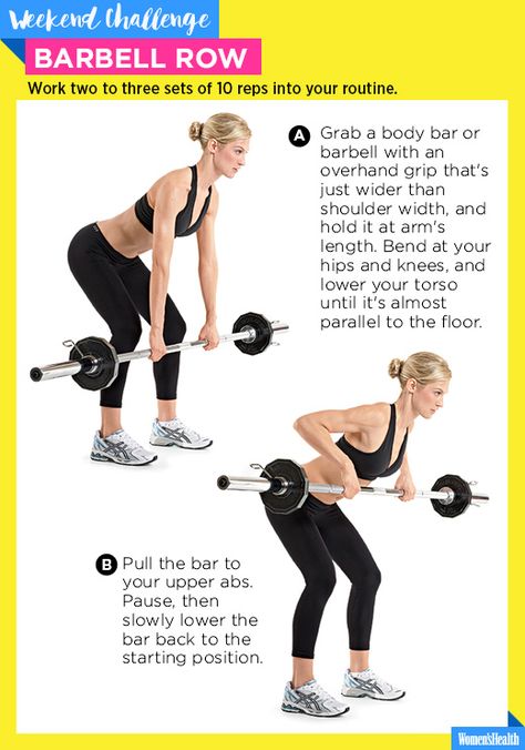 The One Move You Need for a Bangin' Upper Back  http://www.womenshealthmag.com/fitness/barbell-row-weekend-challenge Barbell Workout For Women, Traps Workout, Fitness Studio Training, Barbell Row, Arm Workout Women, Workout Bauch, Barbell Workout, Workout Music, Strength Training Workouts