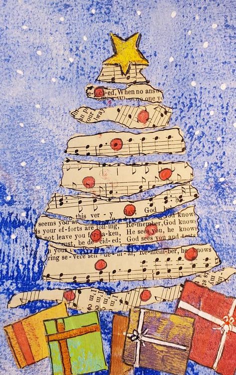 Christmas Artist Trading Cards, Christmas Card Collage Ideas, Christmas Art Journal Ideas, Collage Art Christmas, Christmas Tree Art Projects For Kids, Christmas Collage Art, Christmas Art Journal, Christmas Mixed Media, Collage Christmas Cards