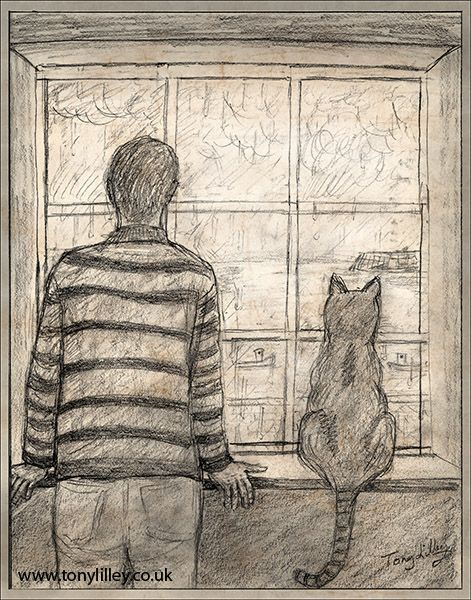 A sketch I made for the painting, The Fisherman and his Cat - Rainy Day. The painting is based on this but slightly different in places. Rainy Day Sketch, Rainy Day Drawing, Rainy Window, Window Drawing, Bag Tutorials, Animation Art Character Design, Pen Sketch, Journal Quotes, Ink Sketch