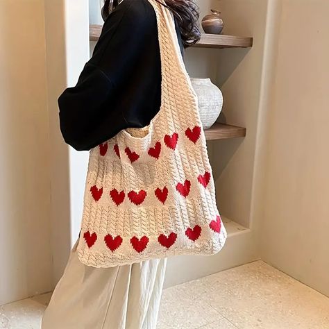 Trendy Heart Pattern Knitted Tote Bag, Large Capacity Shoulder Bag, Perfect Underarm Bag For Daily Use - Temu Knitted Heart Pattern, Hadiah Valentine, Tote Crochet, Tas Bahu, Heart Crochet, Knitting Tote Bag, Knitting Tote, Knitted Heart, Crochet Shoulder Bag