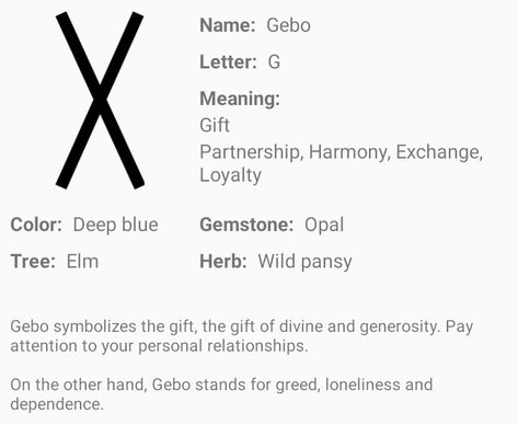 ✨Gebo norse rune ✨ Gebo Rune Meaning, Gebo Rune, Norse Runes Meanings, Viking Religion, Viking Rune Meanings, Rune Alphabet, Runes Meaning, Rune Reading, Divination Runes