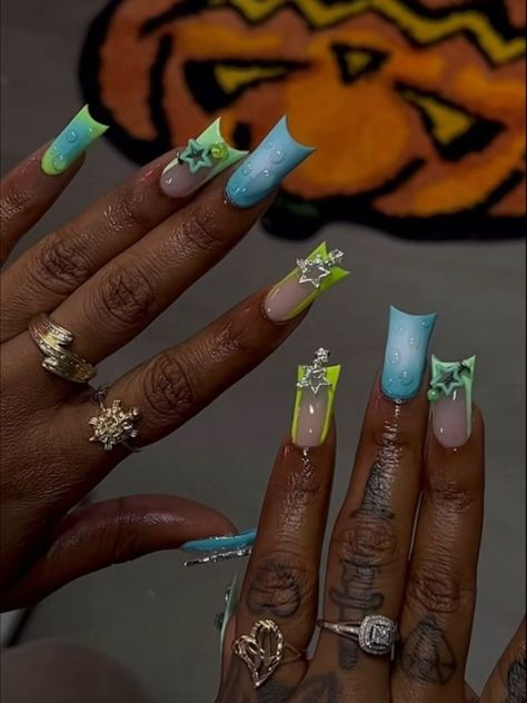 Acrylic Nails Without Rhinestones, Colorful Baddie Nails, Aura Duck Nails, Extra Nail Ideas, Medium Junk Nails, Capricorn Birthday Nails, Silicone Nails, Long Colorful Nails, Freaknik Nails