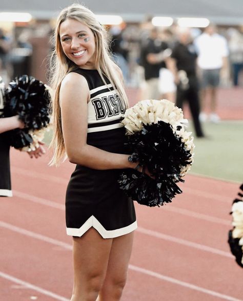 Cheerleader Costume Aesthetic, Cheerleading Outfits Black, Losers Aesthetic, Black And White Cheer Uniforms, Black Gold And White Cheer Uniforms, Black And Gold Cheer Uniforms, Black Cheerleader Aesthetic, White Cheerleader Uniform, Harding University