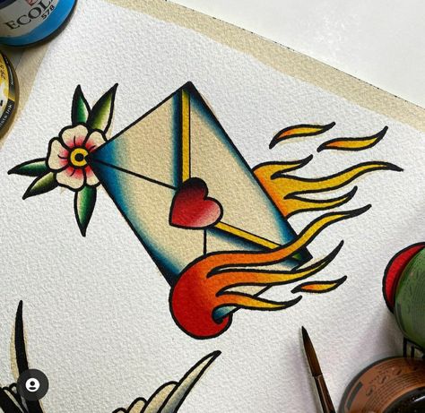 Traditional Envelope Tattoo, Traditional Tattoo Envelope, Traditional Tattoo Love, Love Letter Tattoo, Traditional Tattoo Arm, Envelope Tattoo, Old School Traditional Tattoo, Traditional Back Tattoo, Traditional Tattoo Flash Sheets