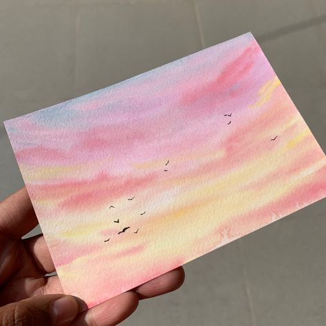 Simple Sunset Watercolor Painting, Asthetic Drawings Watercolor, Pink Sky Watercolor, Basic Watercolor Painting For Beginners Flowers, Watercolor Clouds Sunset, Sunset Sky Painting Easy, Watercolor Art Basic, Sunset Simple Painting, Oil Pastel Sky Art