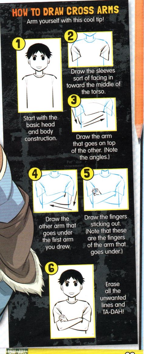 How to Draw Cross Arms Drawing Tutorial (this from a 2010's children's magazine K-Zone Philippines). Arms Drawing Tutorial, Arms Drawing, Drawing Hacks, Arm Drawing, Magazines For Kids, Drawing Tutorials, Stick It Out, Drawing Tutorial, To Draw