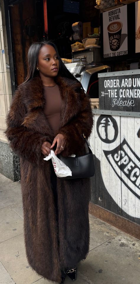 Winter Overcoat Outfit Women, Long Aviator Jacket Outfit, Dark Brown Fur Coat Outfit, Fur Coat Black Woman, Long Fur Coat Outfit Classy, Fur Headband Outfit Winter, Black Women Fur Coat, Winter Mini Dress Outfit, Faux Coat Outfit