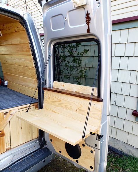 Sunshine Coast Adventure Van on Instagram: “Here's my new folding table for the rear door. The table top is made from one nice big pine board🌲…” Van Shelves, Van Fitout, Transit Camper Conversion, Camper Inspiration, Bus Build, Bedford Van, Ford Transit Connect Camper, Camp Van, Vw Conversions