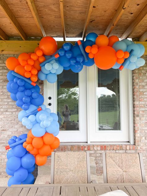 Nerf Party Backdrop, Nerf Birthday Party Ideas, Nacho Night, Teal Birthday, Balloon Business, Nerf Birthday Party, Nerf Party, Yellow Balloons, Balloon Ideas